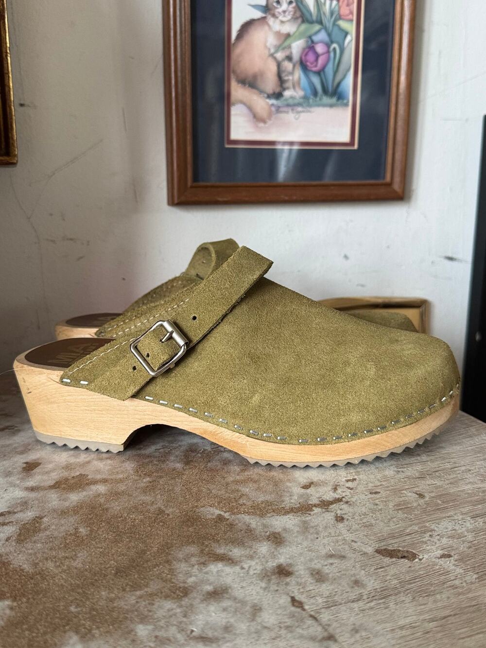 MIA Olive Suede Wooden Swedish Clogs Size L8.5